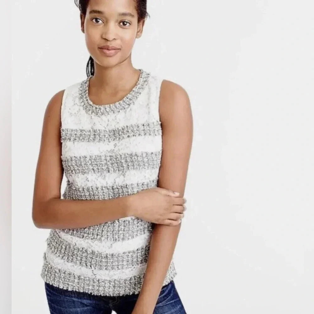 J Crew Fringe Tank Top Shell Tweed Lace Ivory Metallic Silver Gray Size Small. D
